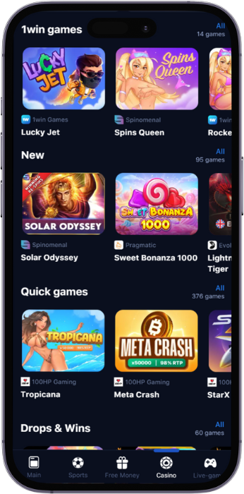 Screenshot of 1win casino games